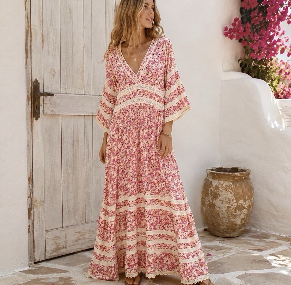 Poupette St Barth Floral Lace Trim V Neck Maxi Dress Pink Cream Boho Sz S